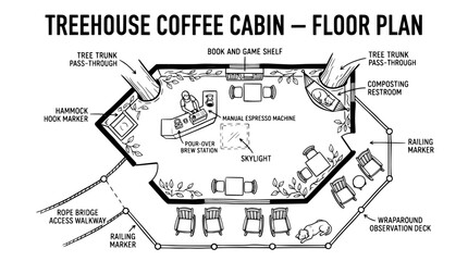 Treehouse coffee cabin floor plan, architectural vector blueprint of a rustic cafe, wooden cabin layout with observation deck and rope bridge © Vector Hive