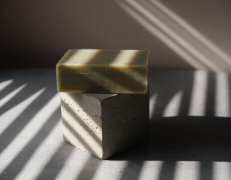 Olive soap bar mockup template on concrete cube with window blind shadows
