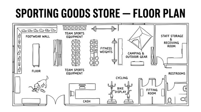 Sporting goods store floor plan, retail shop interior layout vector, architectural blueprint of a sports equipment store with display areas