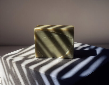 Natural olive soap bar mockup template on concrete block with dramatic shadows