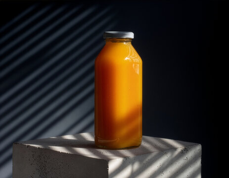 Orange juice bottle mockup template on concrete pedestal with blind shadows