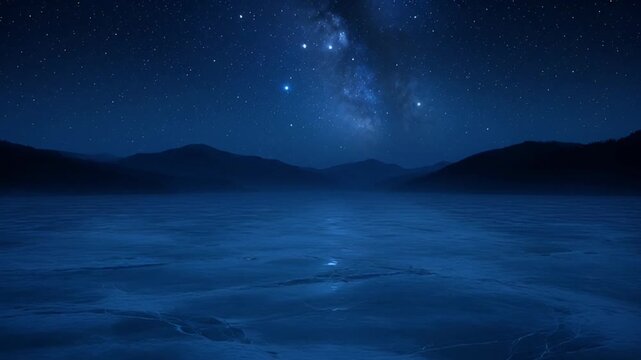 Nighttime landscape with lake reflecting starry sky and distant mountains