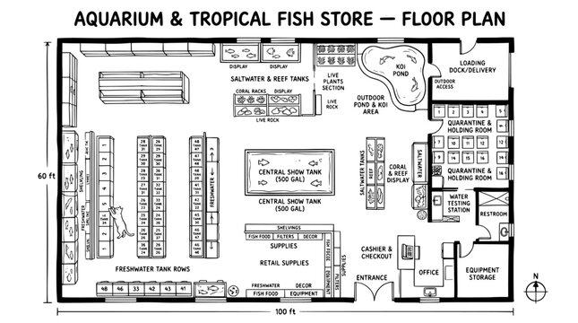 Aquarium and tropical fish store floor plan, architectural blueprint of a pet shop layout, retail store interior design with fish tanks and koi pond