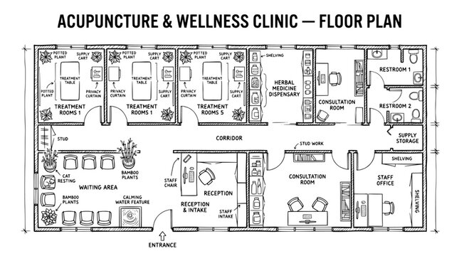 Acupuncture and Wellness Clinic Floor Plan, Architectural Blueprint Vector for Medical Center Layout, Healthcare Facility Interior Design Map