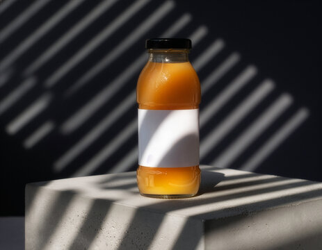 Orange juice glass bottle mockup template with blank label and striped shadows