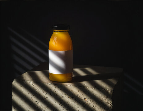 Orange juice bottle mockup template with blank label on concrete block