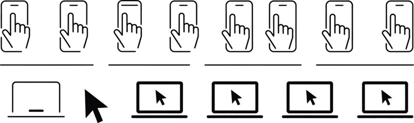 Fototapeta premium Click, and touch icons, cursor pointer mouse click and smartphone finger touch symbols for apps websites interfaces and user navigation.