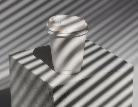 White paper coffee cup mockup template on concrete block with window shadows