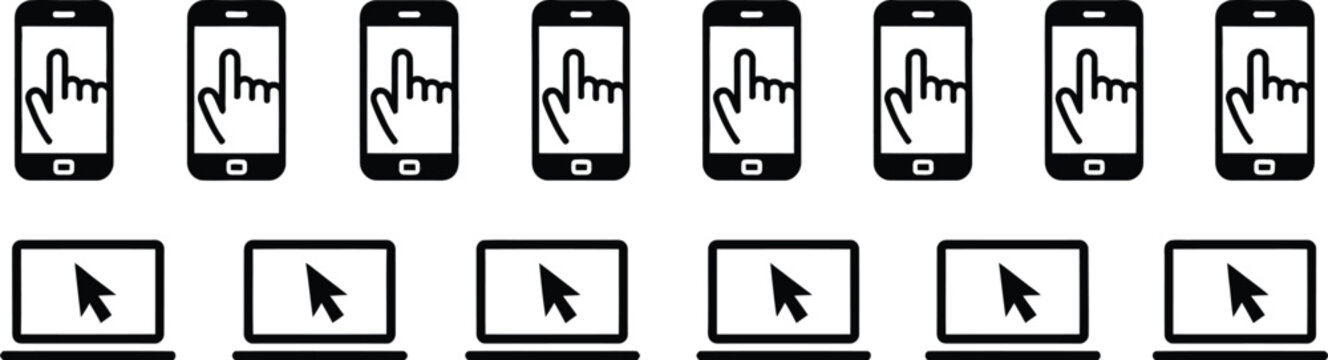 Touch, Click and touch icons, computer mouse laptop screen smartphone touch gestures cursor pointers and finger tap symbols for digital interaction.