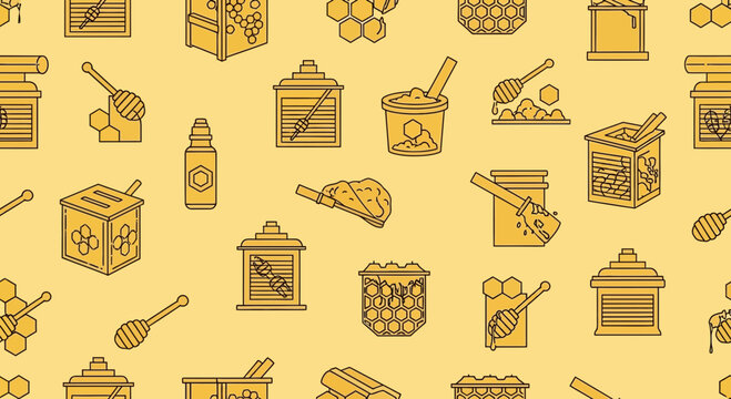 Beehive Pattern: Honeycomb, Apiary Tools, Honey Jars, Beeswax, Honeycomb Background