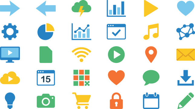 Social Media and Web Interface Flat Icon Set with Business Charts, Media Player Buttons, Location Pins, and Security Padlock Symbols for App Designs