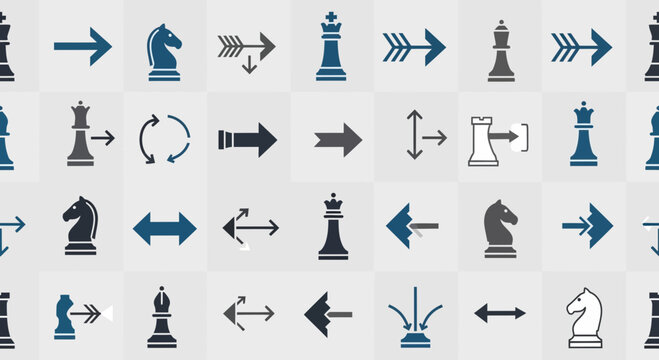 Chess Pieces and Arrows Icons on Grid Background - Strategy and Direction Concept