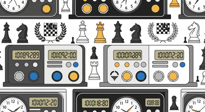 Chess Game Timer and Pieces Seamless Pattern - Strategy and Competition