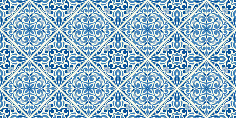 Seamless Mediterranean tile pattern with blue ceramic mosaic ornament. Spanish and Portuguese azulejo floral design for vintage wall decor. © Chorna_L