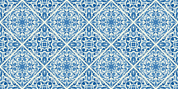 Seamless Mediterranean tile pattern with blue ceramic mosaic ornament. Spanish and Portuguese azulejo floral design for vintage wall decor.