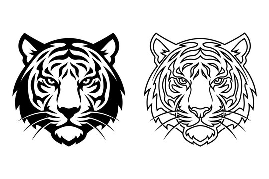Stylized tiger head graphic in black and white, representing power and ferocity