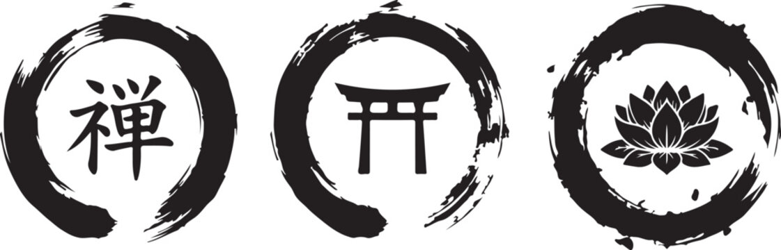 Zen enso circles with kanji calligraphy and lotus symbol vector illustration sumi e hand drawn calligraphy japanese tradition meditation