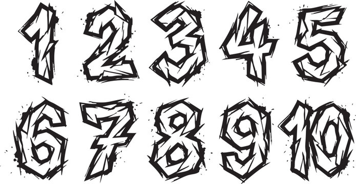 Set of distressed, grunge-style numbers from one to ten with jagged outlines and splatter effects, ideal for graphic design.