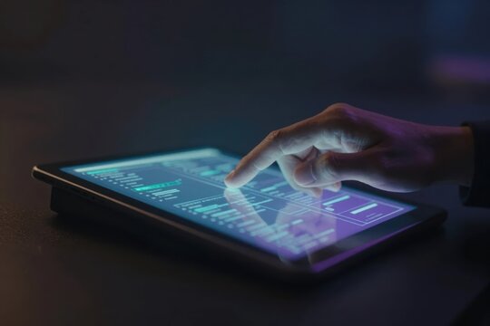 Touch screen use at night in a dark room by a person with a tablet displaying data