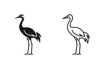 Naklejka premium Silhouette and outline of a crane bird standing gracefully on white background
