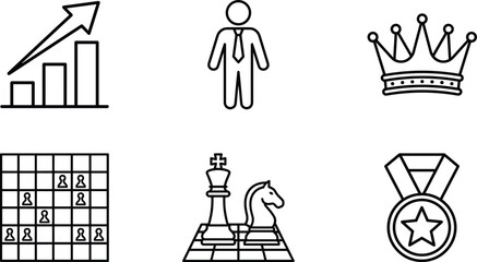 Fototapeta premium Business Strategy and Leadership Outline Icon Set with Chess Pieces, Growth Chart, Corporate Manager, Crown, and Winner Medal Line Symbols for Corporate Presentations