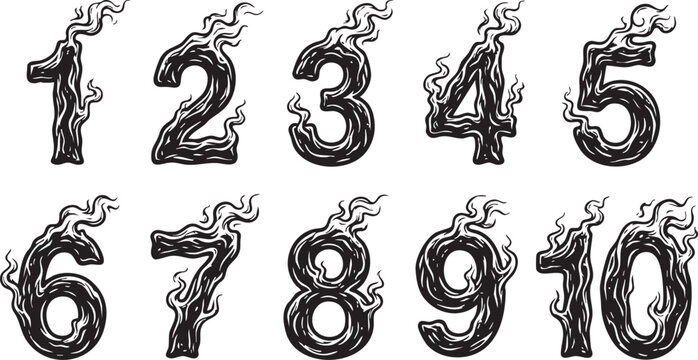 Stylized black and white numbers 1 to 10 with smoke and fire effects, resembling burning wood or stone, in a dark fantasy art style.