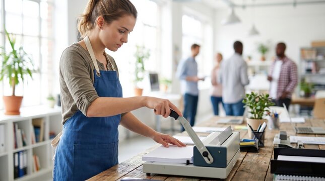 Young woman in blue apron using a spiral binding machine to organize documents on a wooden table in a bright modern creative studio or office space