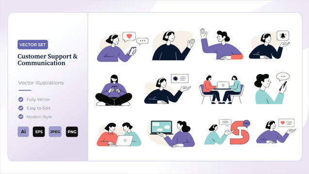 Customer support and communication vector illustrations