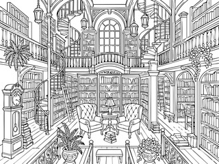 Obraz premium Vintage library interior coloring page for adults with spiral staircases and armchairs