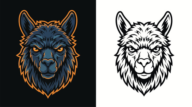 Detailed illustration of an aggressive llama or alpaca head in both color and black and white outline versions, featuring a fierce expression and detailed fur.