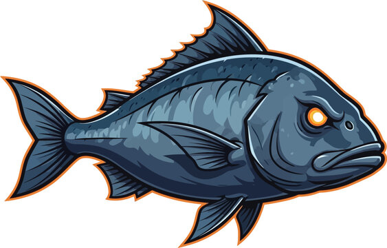 Cartoon illustration of an angry dark blue fish with glowing orange eyes and sharp fins, depicted with a menacing expression.