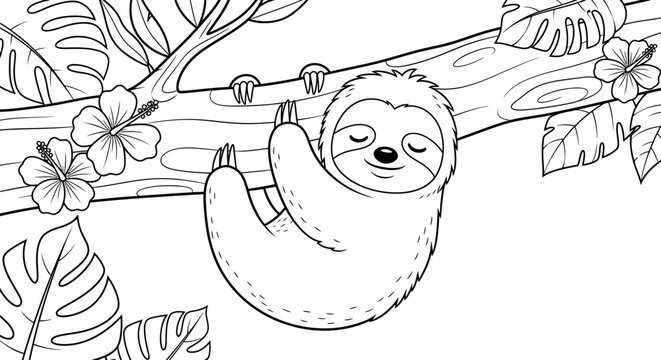Sloth coloring page vector tropical sloth hanging from tree branch with flowers