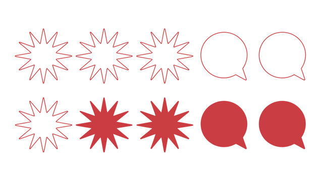 Set of flat design speech bubbles and starburst explosion icons in black and red color