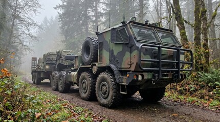 Fototapeta premium A heavy-duty military transport truck with camouflage paint pulls a flatbed trailer on a muddy road through a misty forest.
