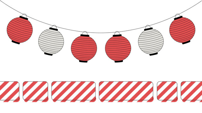 Colorful paper lanterns hanging on string with striped lanterns below