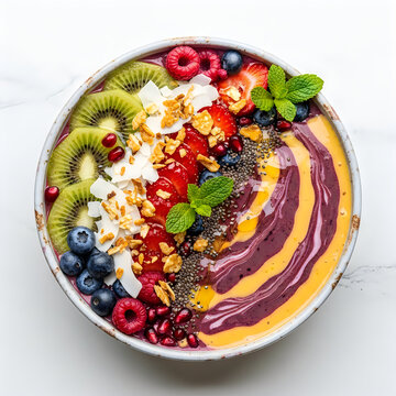 Vibrant fruit and yogurt swirl parfait in a decorative bowl isolated on white background