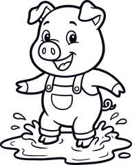Obraz premium Cute pig in puddle coloring pages vector illustration for kids activities