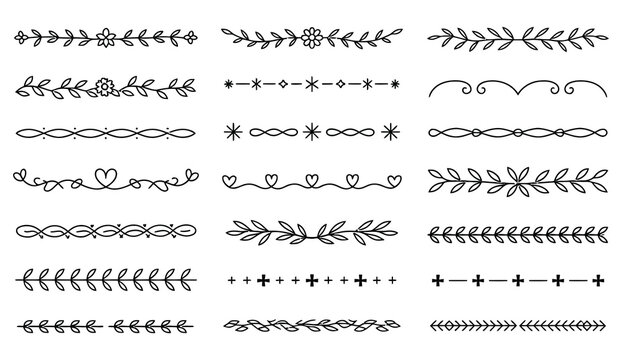 Set of hand drawn flower botanical abstract doodle line laurel borders, frames, dividers, and wreaths, flat style vector illustration