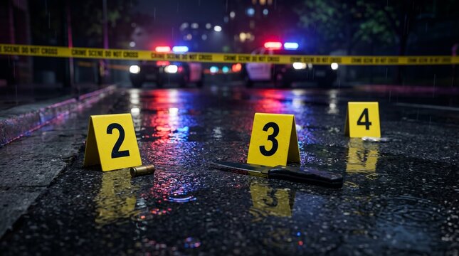 Crime scene with evidence markers and police tape at night