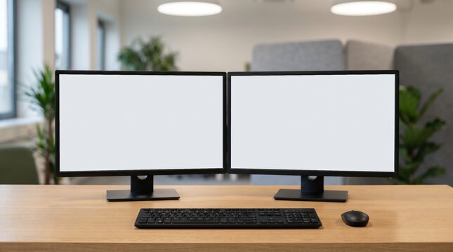 Two computer monitors with blank white screens on a wooden desk with a keyboard and mouse in a modern office environment for digital workspace and professional productivity