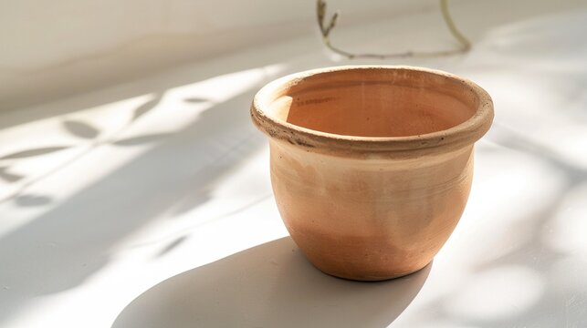 Empty terracotta flower pot on white surface