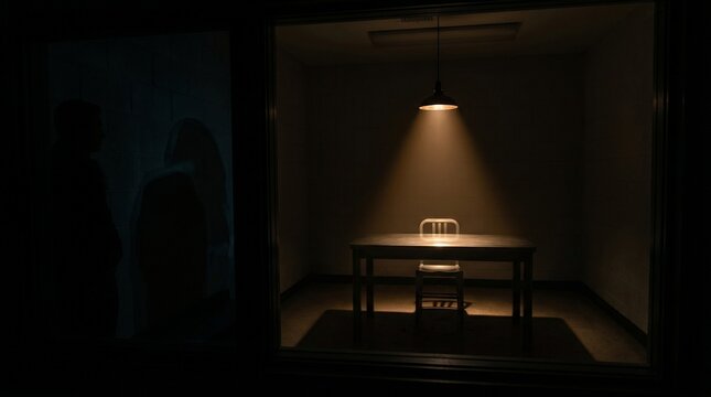 A dimly lit interrogation room with a single spotlight shining on a table and chair