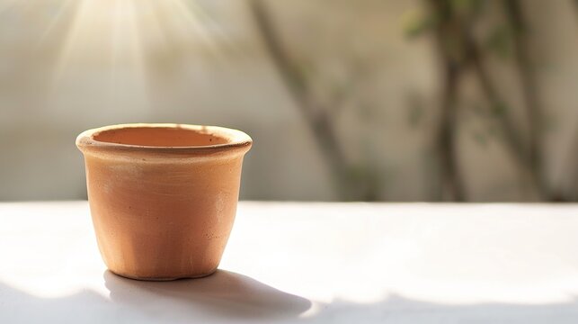 Empty terracotta flower pot on white surface