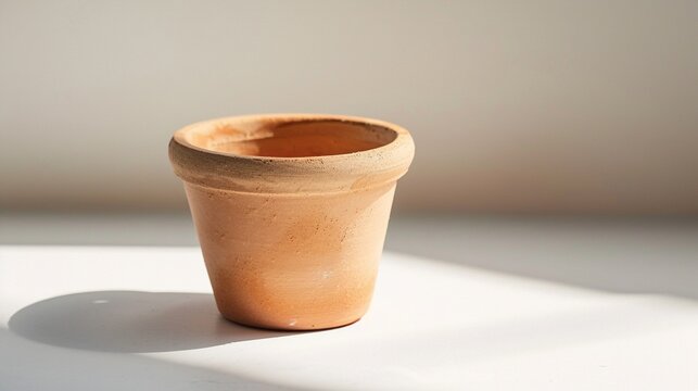 Empty terracotta flower pot on white surface
