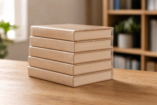 A stack of five shrink wrapped books with brown covers sits on a wooden table in a cozy room, representing new literature, publishing, or a collection of protected reading material