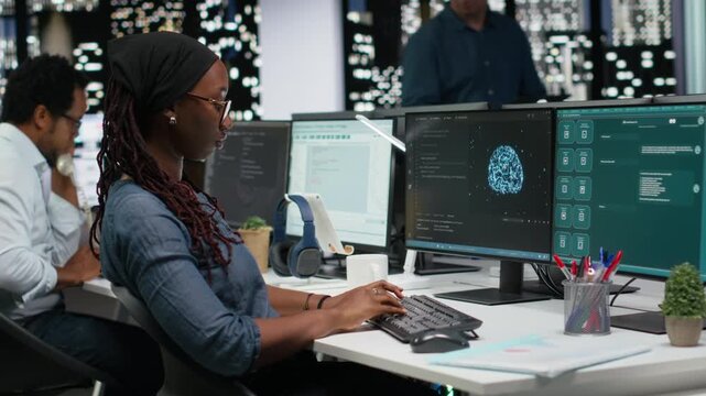 Data scientist solving tasks with AI LLM chatbot answering prompts using predictive technology. Female engineer using computer to interact with large language model program for coding workflows.