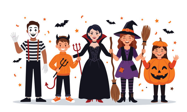 Happy kids in Halloween costumes vector character illustration group. Mime, little devil, vampire woman, witch with broom and pumpkin outfit.
