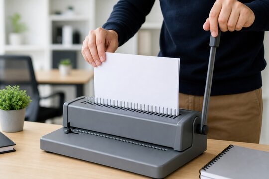 Comb binding machine used by office worker to punch holes and bind paper documents for professional report presentation in a modern corporate office setting