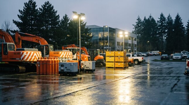 Orange excavators and heavy construction equipment parked on a wet asphalt lot at dusk with bright portable light towers illuminating the industrial site near an office building