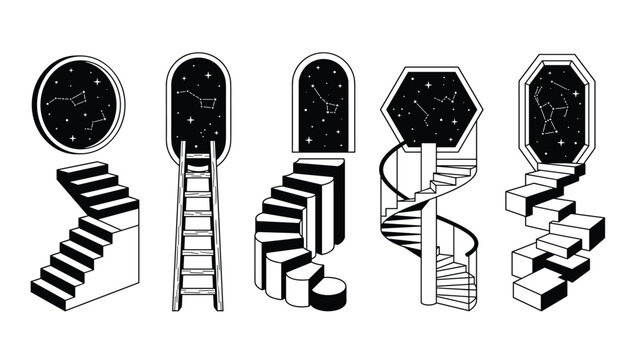 Cosmic stairs and portal doorway line art vector set. Surreal ladders, spiral staircases, night sky constellations, stars and mystical space elements.